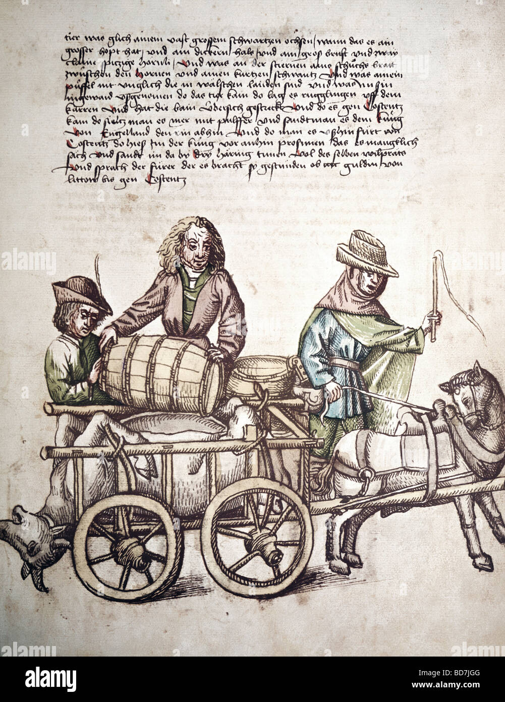 Bildende Kunst, Mittelalter, Miniatur, Konzil von Konstanz, 1414-1418, gesalzen Stier als Geschenk an König Sigismund, Chronik von Ulrich von Richenthal, 15. Jahrhundert, Rosgartenmuseum, Konstanz,, Artist's Urheberrecht nicht gelöscht werden Stockfoto