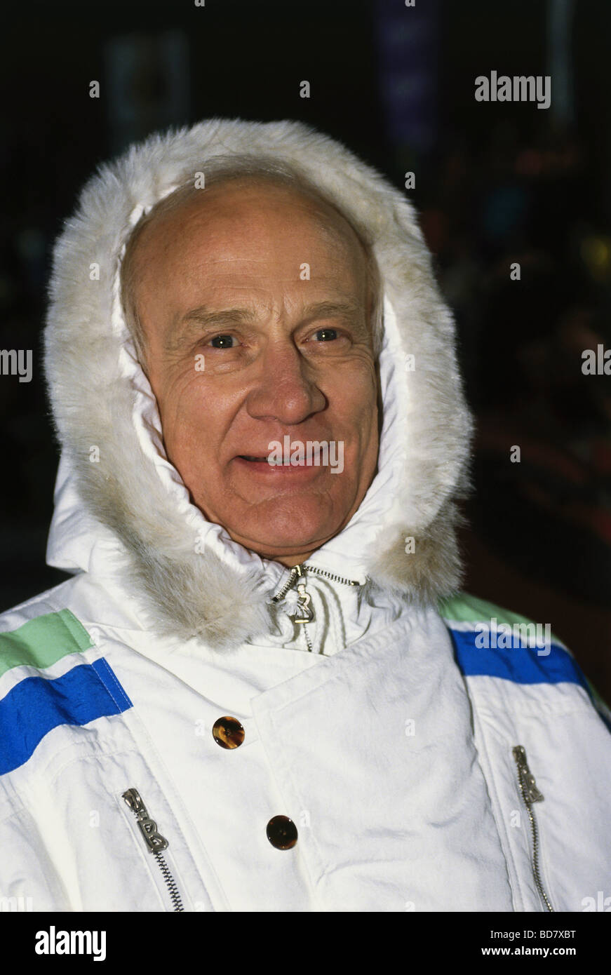 Aldrin, Buzz, * 20.1.1930, amerikanischer Astronaut, Zweite Person auf dem Mond, Porträt, während der Herstellung von "Feuer, Eis und Dynamit", St Moritzersee, Schweiz, 8.2.1990, Stockfoto