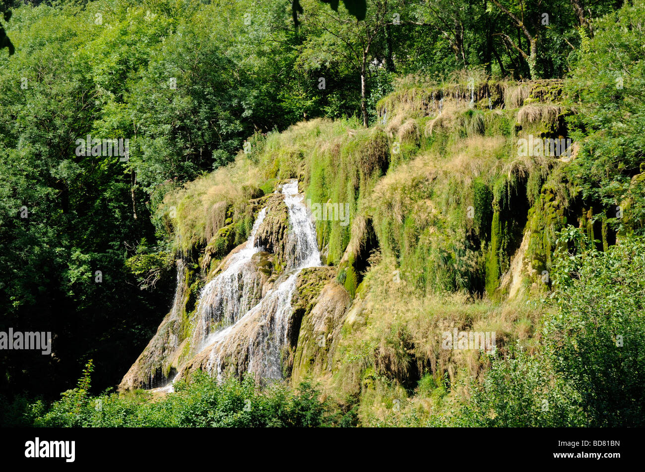 Wasserfall in den Cirque de Baume, Frankreich. Stockfoto