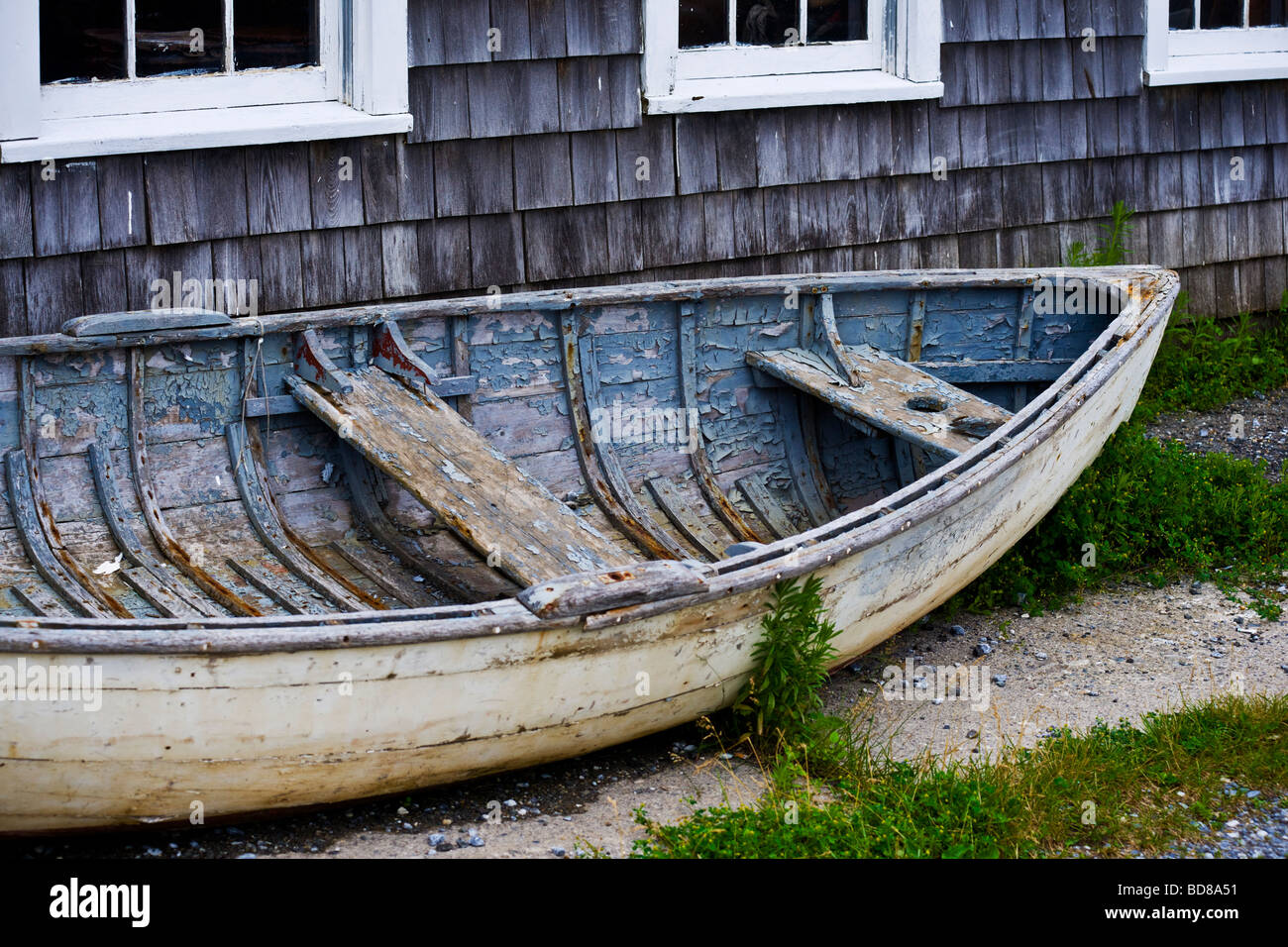 Alte blaue Boot Rockland Maine USA Stockfoto