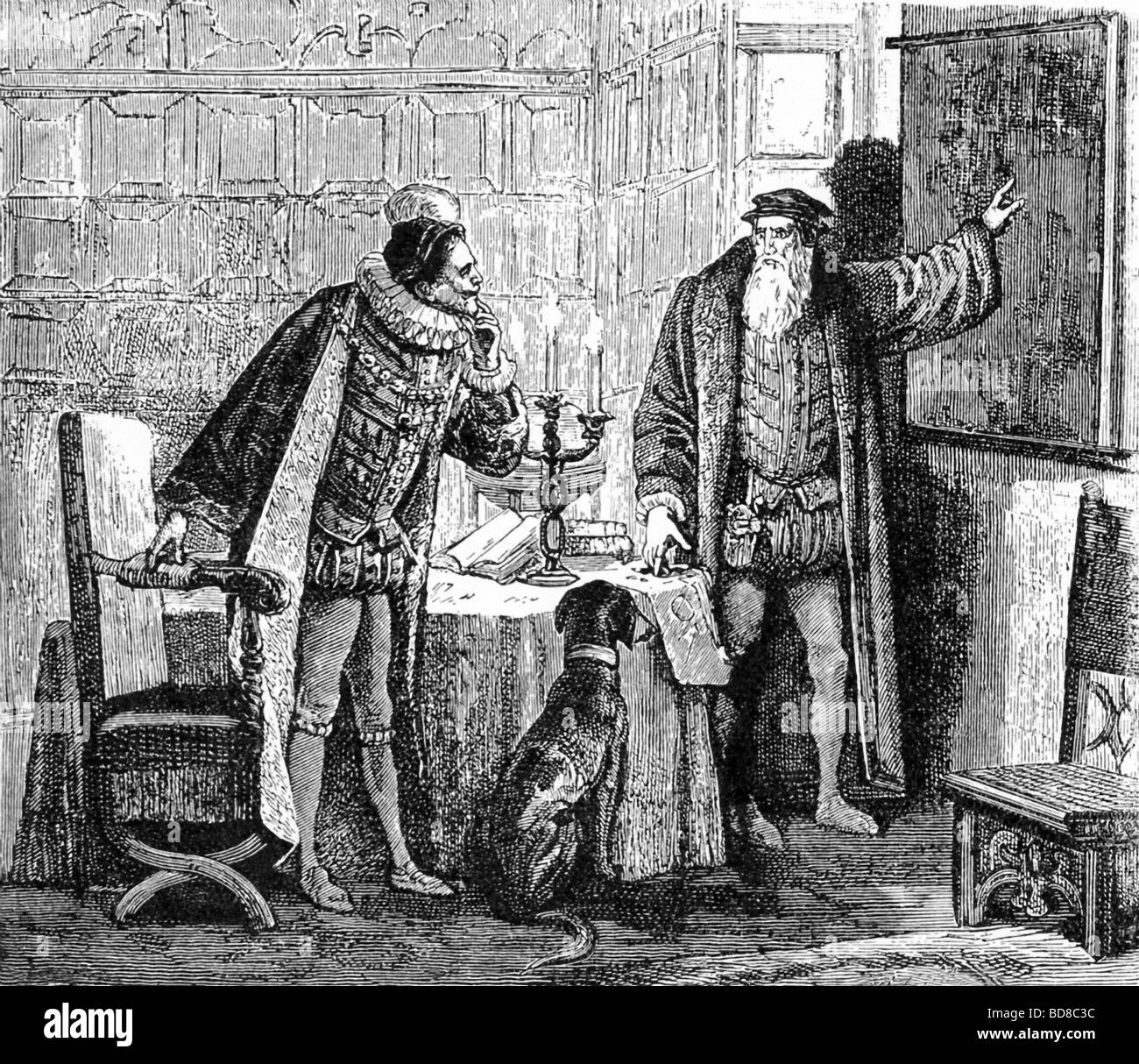 Portugiesischer Seefahrer und Entdecker und Navigator Vasco Da Gama erklärt seine Reisepläne zu Portugals König Manuel ich. Stockfoto