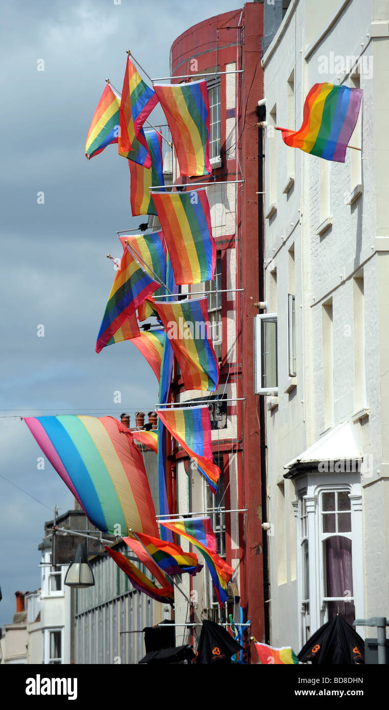 Das Bulldog Pub in St James s Street Brighton dekoriert in Pride-Flags für den diesjährigen Brighton Pride Wochenende Stockfoto