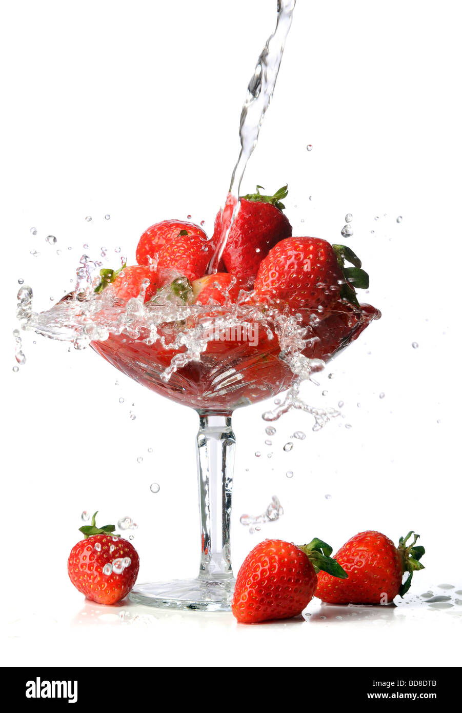 Erdbeeren, spritzte Wasser isoliert auf weiß Stockfoto