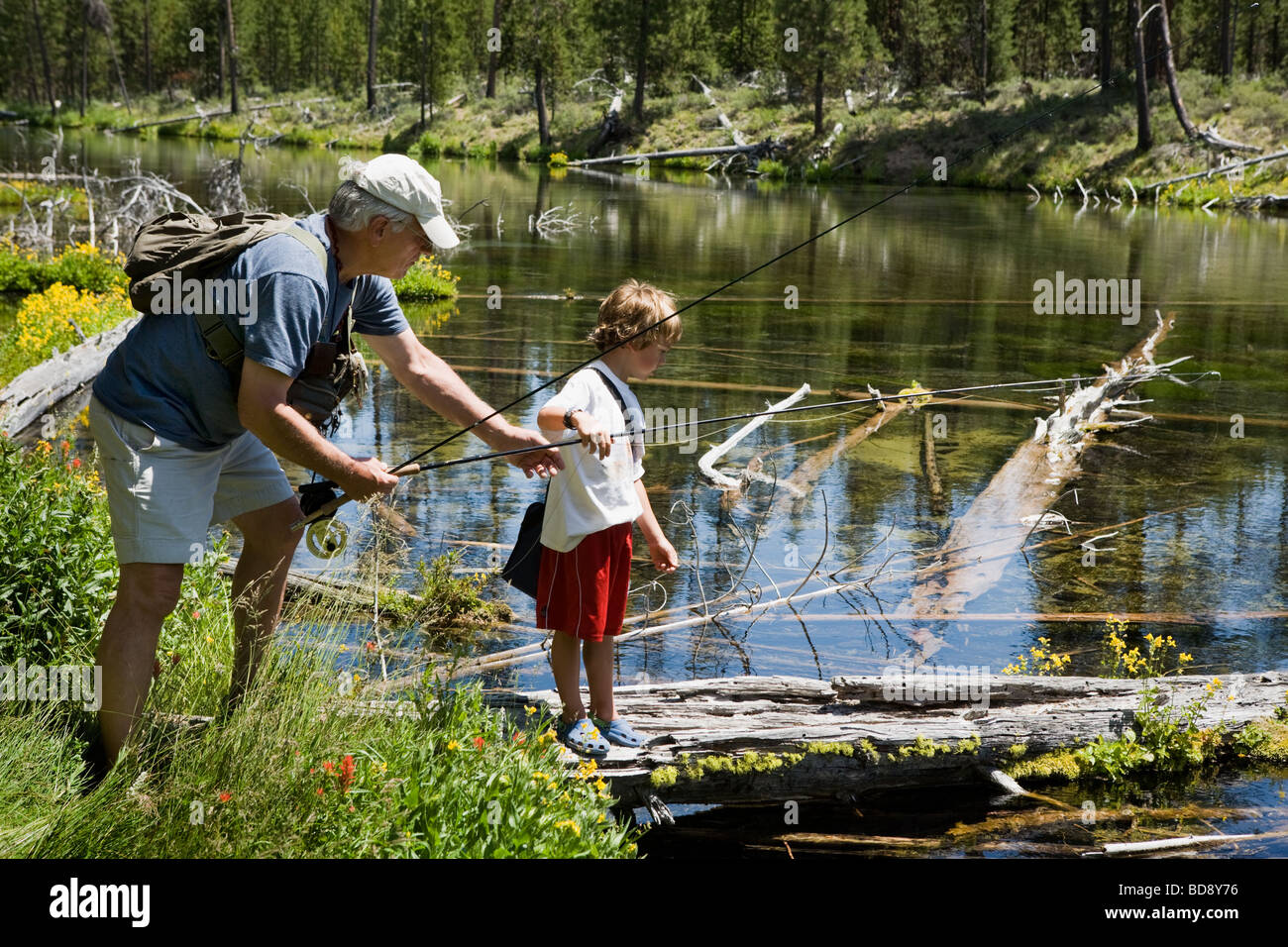 Großvater lehrt junge Enkel Fliegenfischen im Quellgebiet des Deschutes River in der Nähe von Bend, Oregon, USA Stockfoto