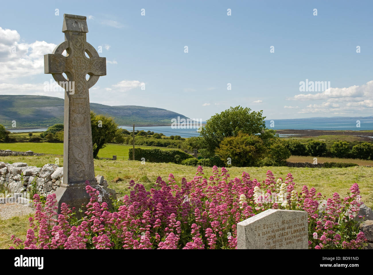 Ein keltisches Kreuz auf Friedhof in The Burren, County Clare, Irland mit Blick auf Bucht von Kinvara. Stockfoto