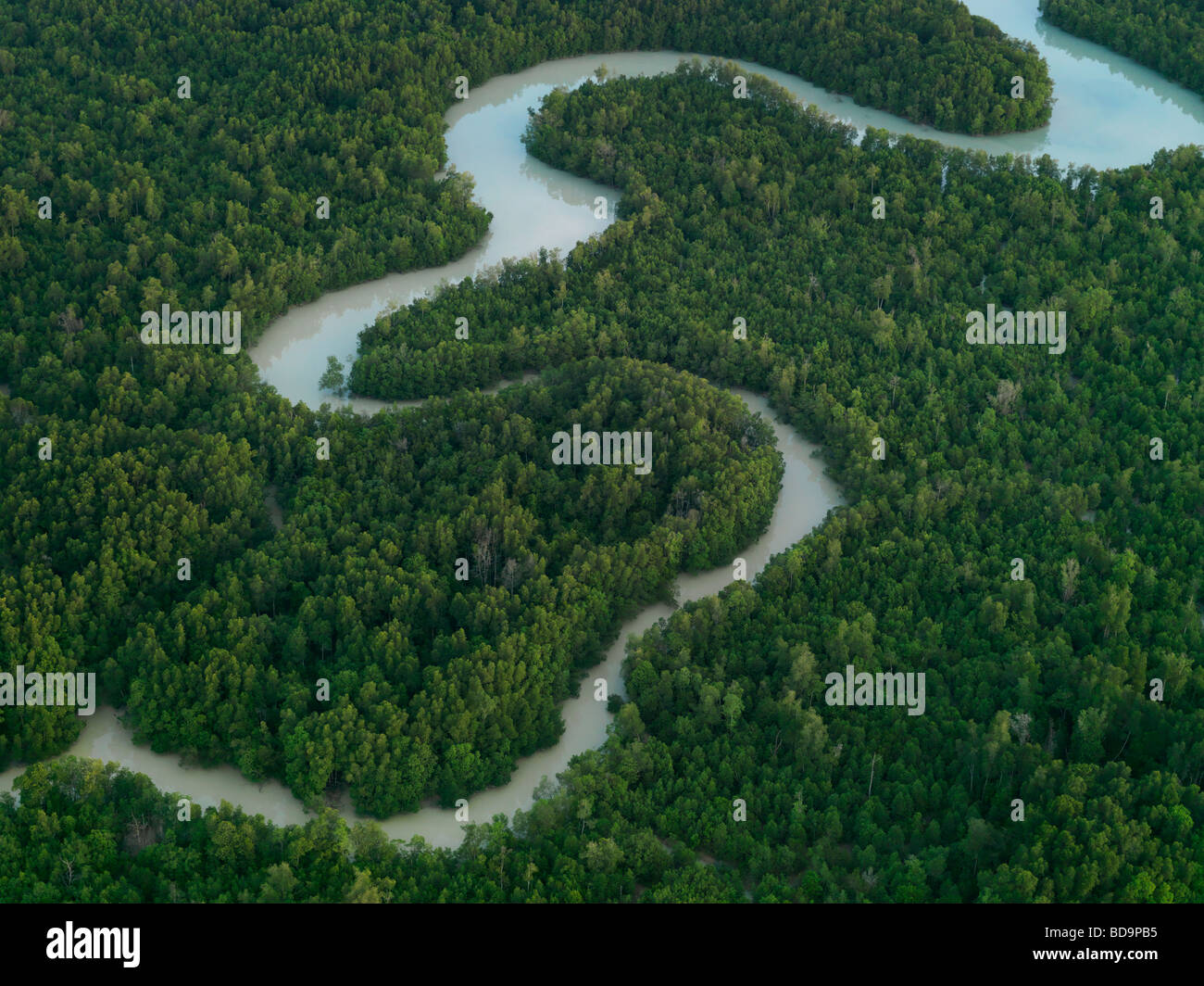 Ein sich windender Fluss, der seinen Weg durch üppige Landschaft von Johor Stockfoto