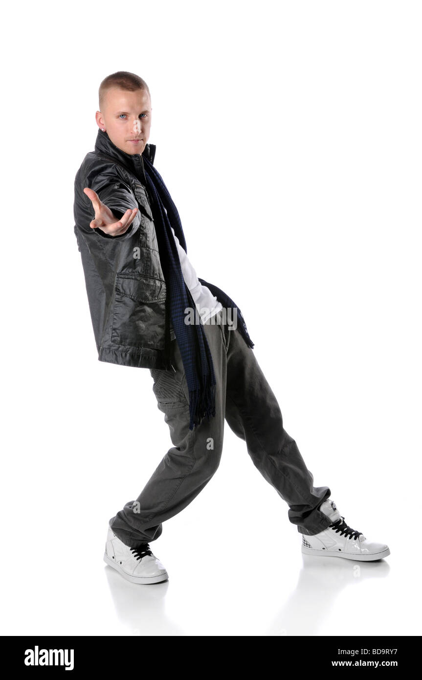 Hip Hop Mann tanzen isoliert auf weißem Hintergrund Stockfoto