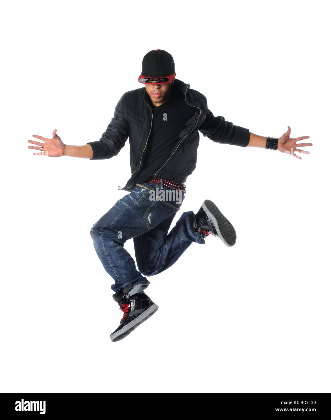 Breakdancer, springen über einen weißen Hintergrund isoliert Stockfoto