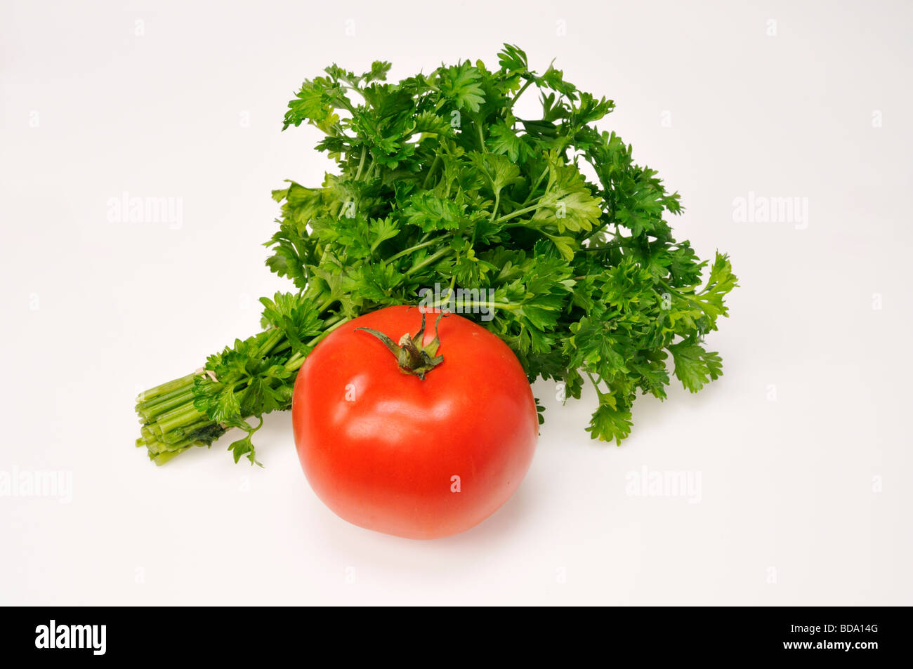 Bündel frische glatte Petersilie und eine rote reife Tomate auf weißem Hintergrund. Stockfoto