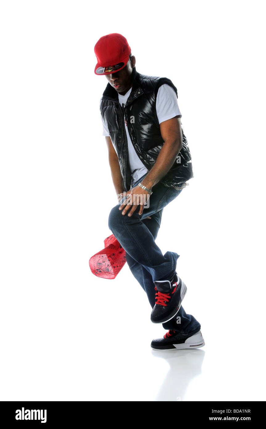 African American hip Hop Tanzstil isoliert über weißen Mann Stockfoto