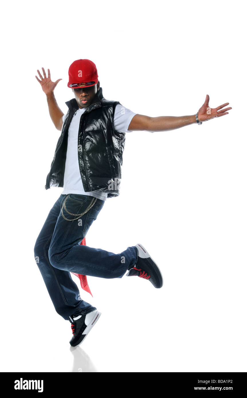 Afrikanische amerikanische Hip-Hop-Tänzer vor einem weißen Hintergrund Stockfoto