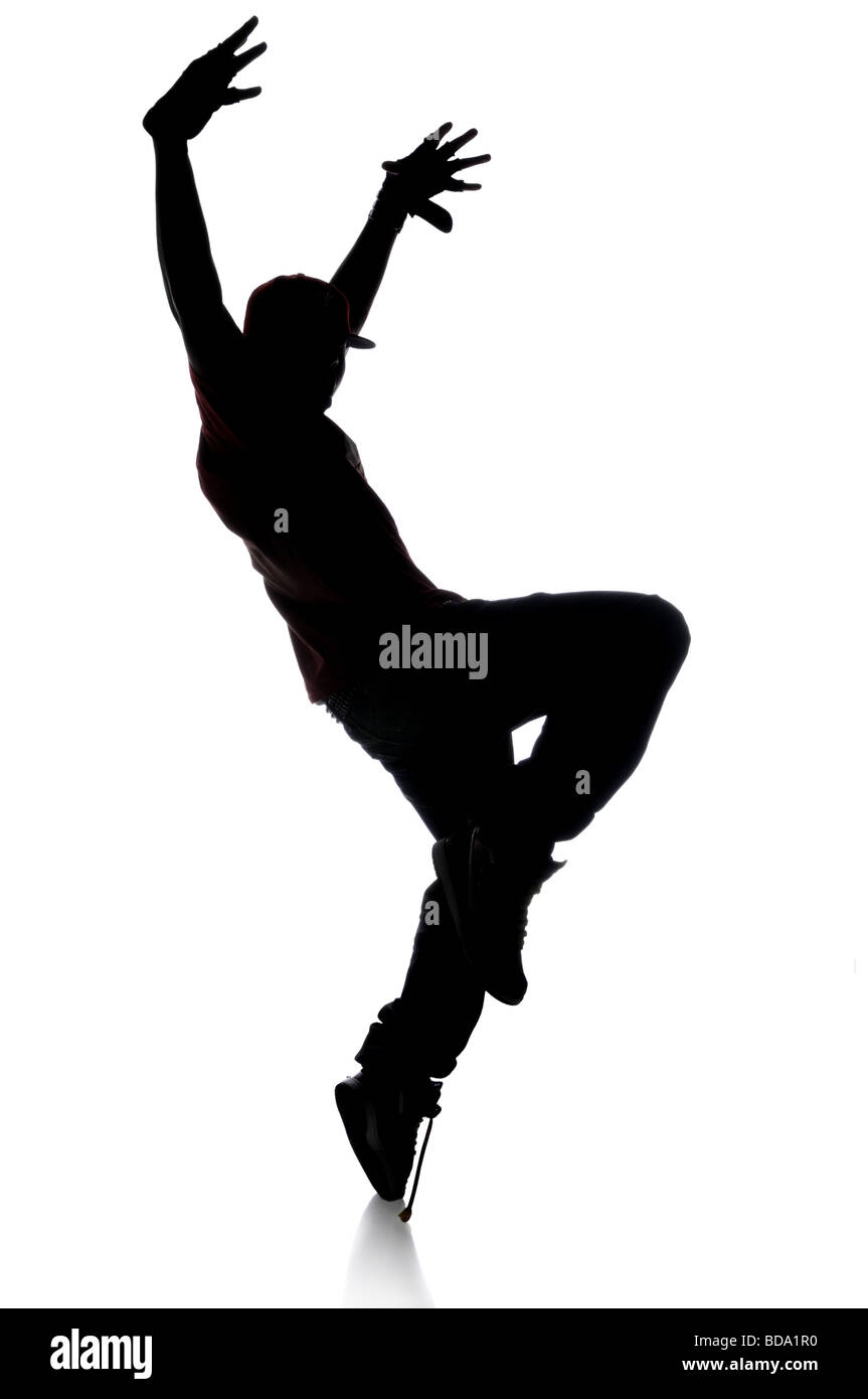 Silhouette des hip Hop Tänzer vor einem weißen Hintergrund Stockfoto