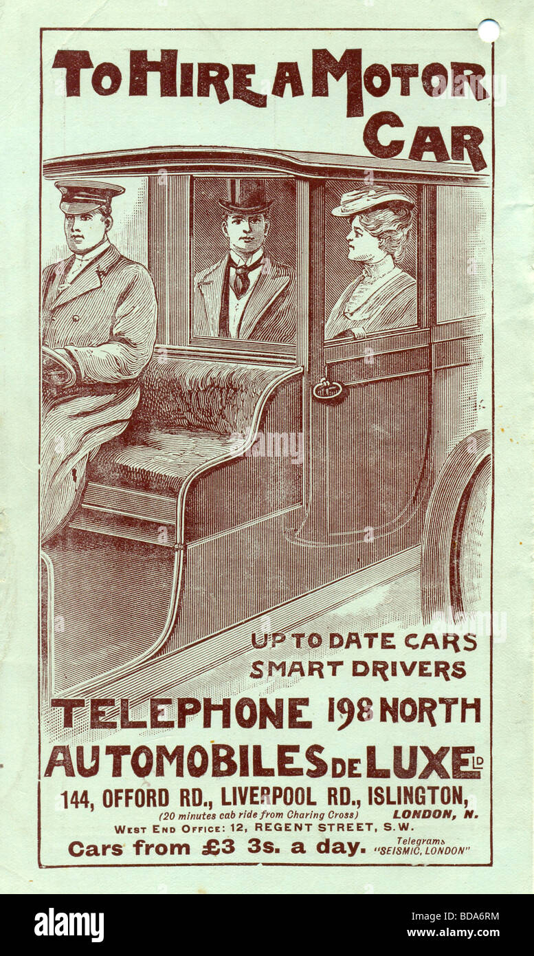 Werbung für Chauffeur Mietwagen 1908 getrieben Stockfoto