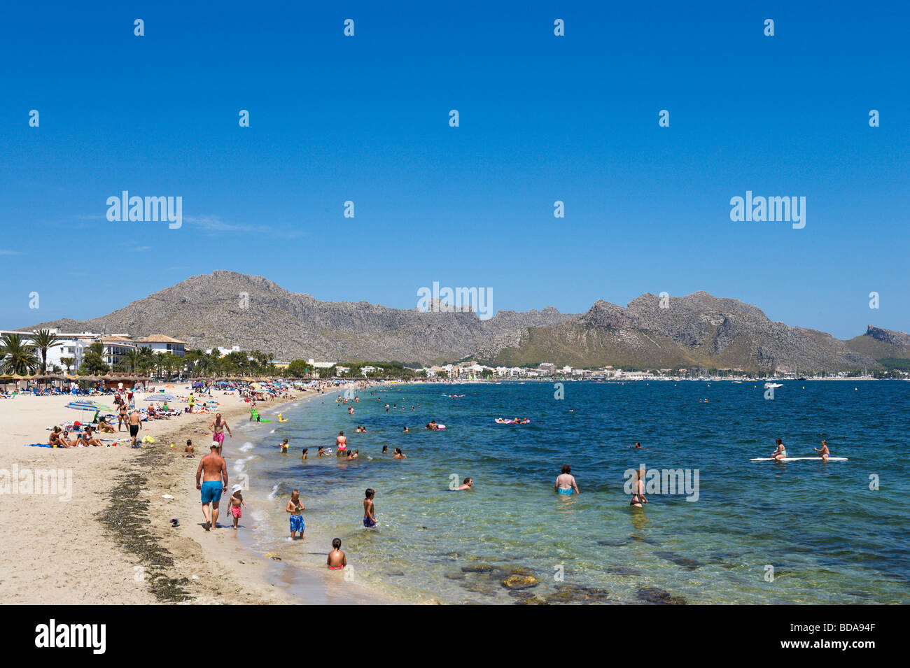 Strand von Puerto Pollensa, Bucht von Pollensa, Nordküste, Mallorca, Balearen, Spanien Stockfoto