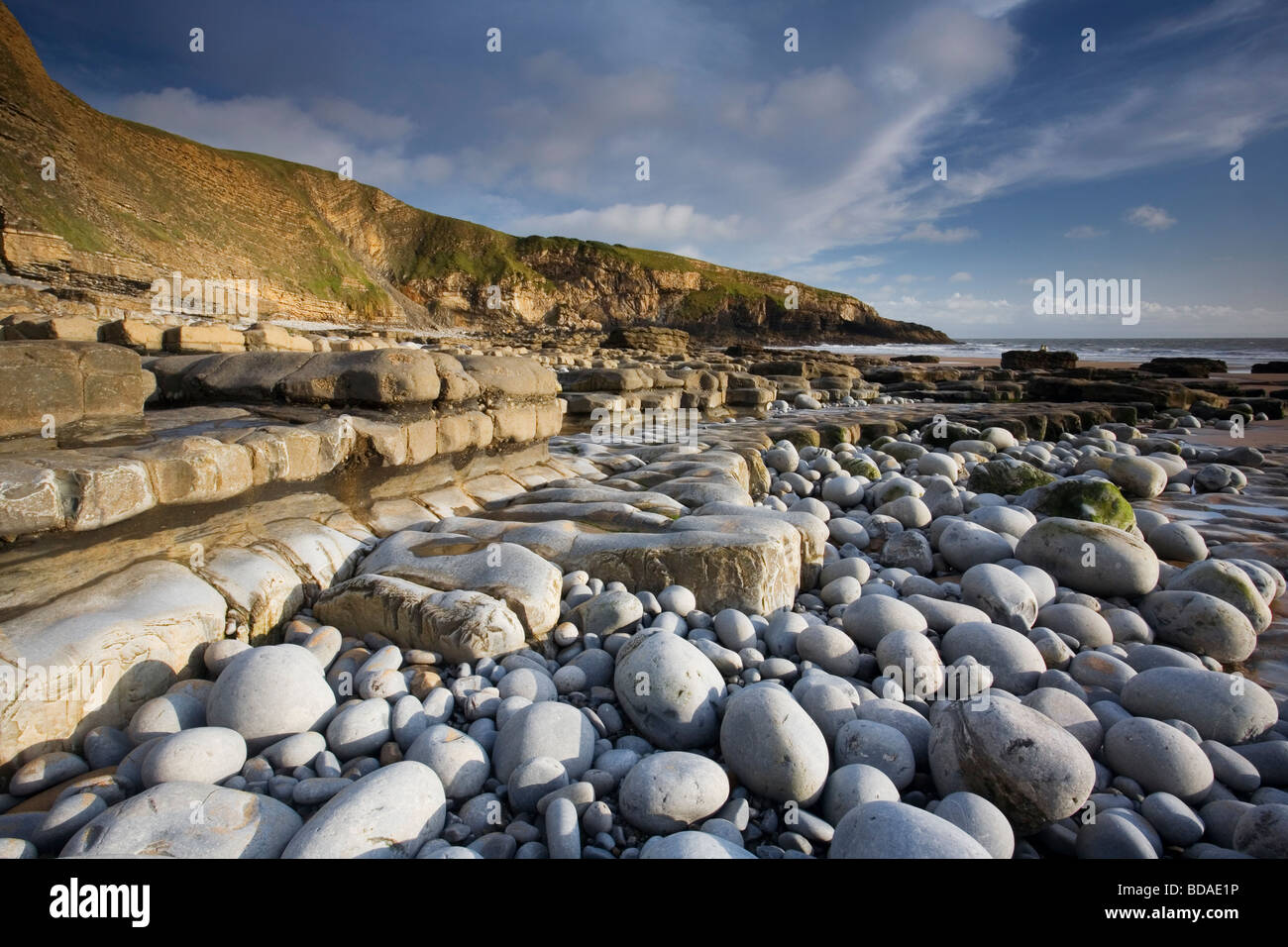 Kalkstein Felsenleisten und Hexen Punkt Dunraven Bay, Southerndown, Vale of Glamorgan, South Wales Stockfoto