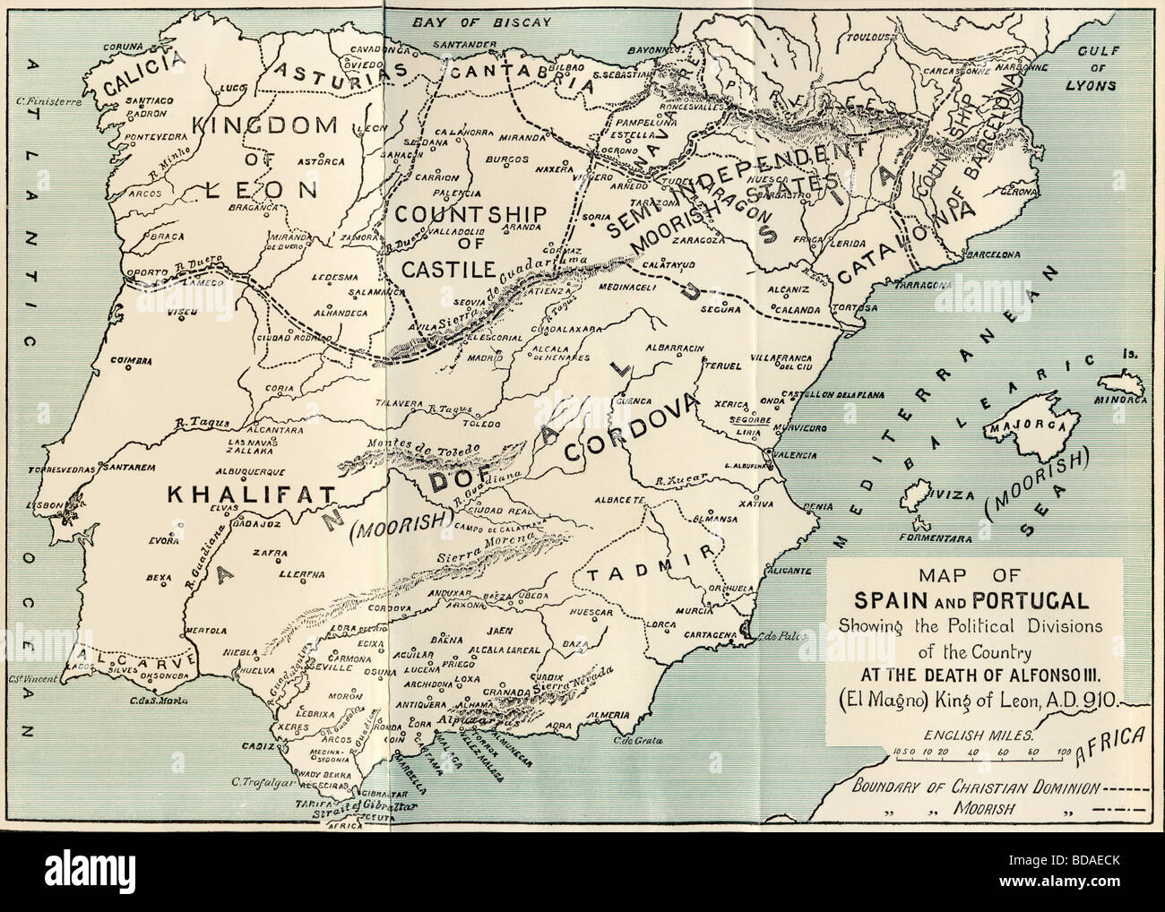 Karte von Spanien und Portugal zeigt die politische Spaltung des Landes nach dem Tod von Alfonso III König von Leon. Stockfoto