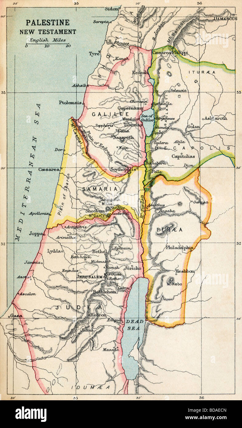 Karte von Palästina, wie im neuen Testament beschrieben. Stockfoto