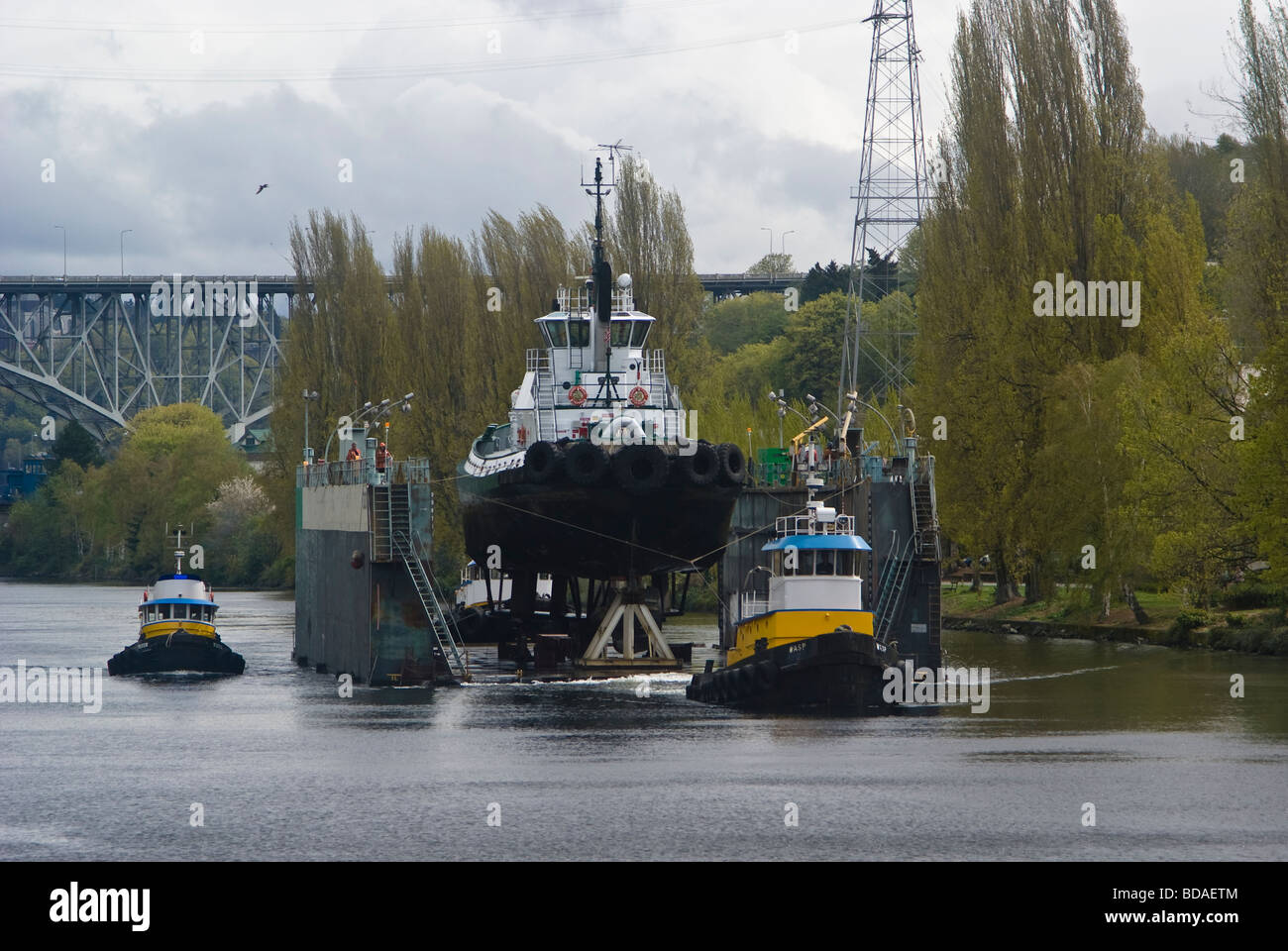 Ein Schlepper transportiert in einem speziellen schwimmenden Trockendock von Lake Union, dem Hafen von Seattle Stockfoto