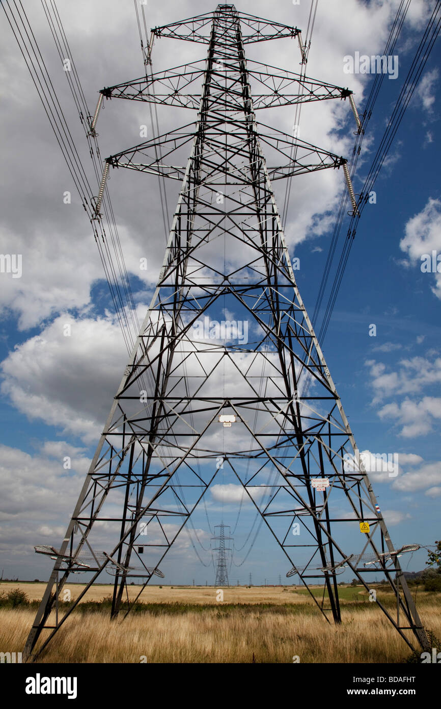 Strommasten, die Stromversorgung nach Südengland. Energieversorger haben Kraftwerke in diesem Bereich. Stockfoto