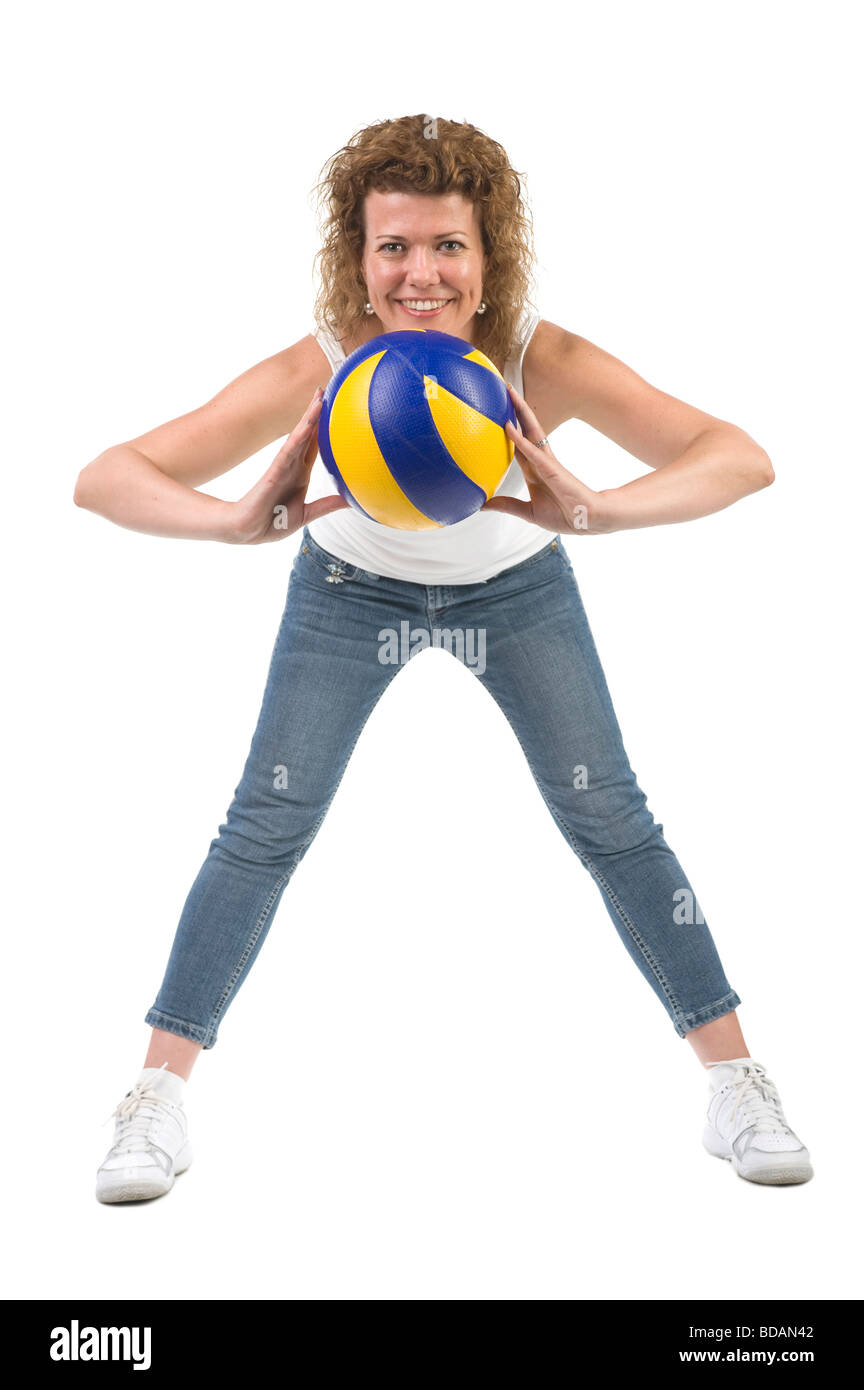 Objekt auf weißen Sport Frau mit ball Stockfoto