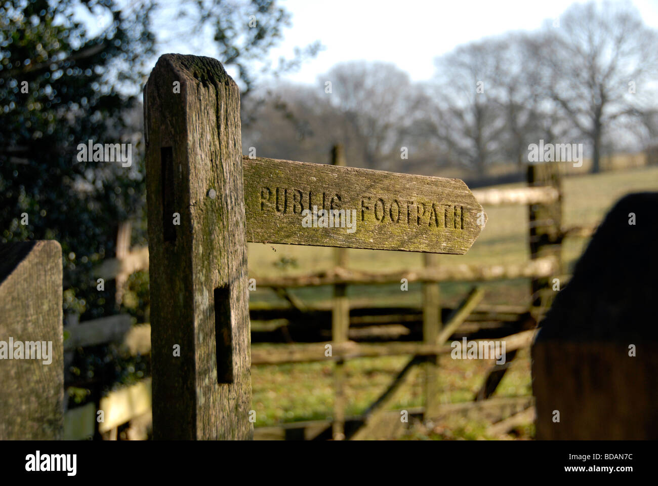 Eine alte altmodischen hölzernen Fußweg-Zeichen in der Landschaft von Sussex, UK Stockfoto