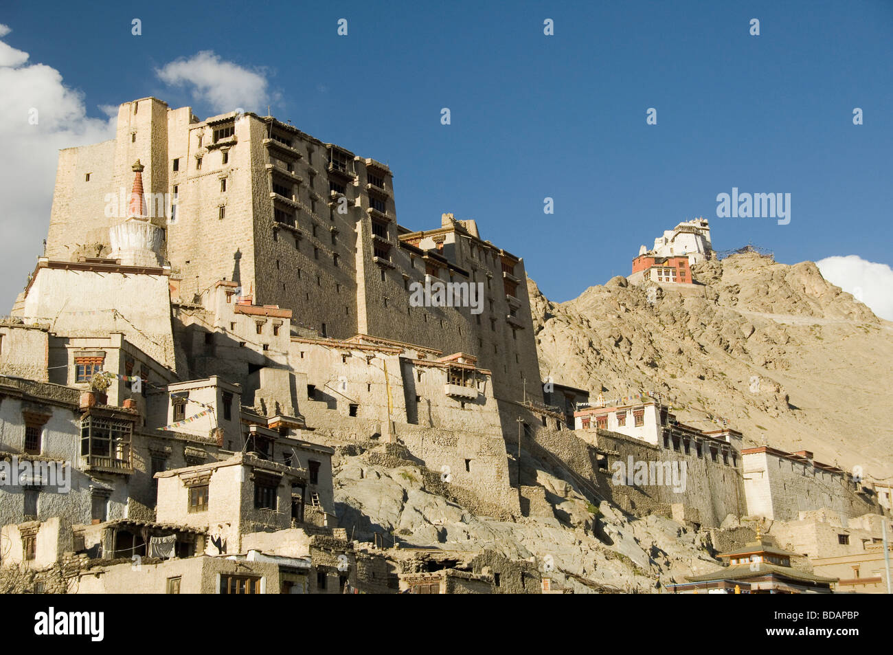 Palast auf einem Hügel mit einer Festung und Gompa im Hintergrund, Leh Palace, Sieg Fort, Leh, Ladakh, Jammu und Kaschmir, Indien Stockfoto