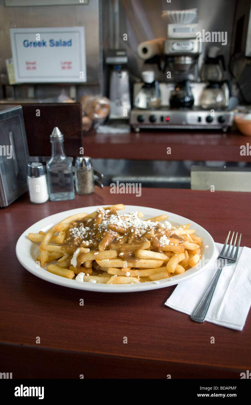 Ein Teller mit griechischem Poutine mit Feta-Käse, eine Art kultiges kanadisches Gericht, das in einem traditionellen Restaurant in Toronto, Ontario, Kanada, serviert wird. Stockfoto