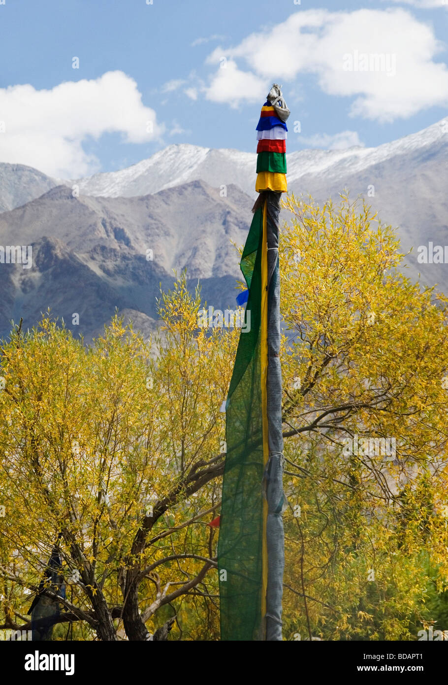 Gebetsfahne mit Bergketten im Hintergrund, Shey, Ladakh, Jammu und Kaschmir, Indien Stockfoto