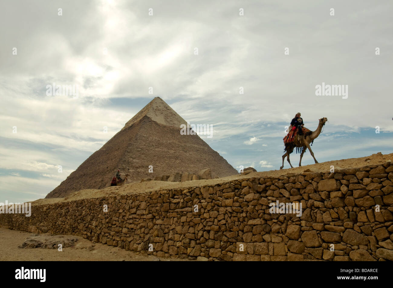 Ein Kamelreiter zu Fuß entlang der Mauer bei der Pyramide von Gizeh, Ägypten. Stockfoto