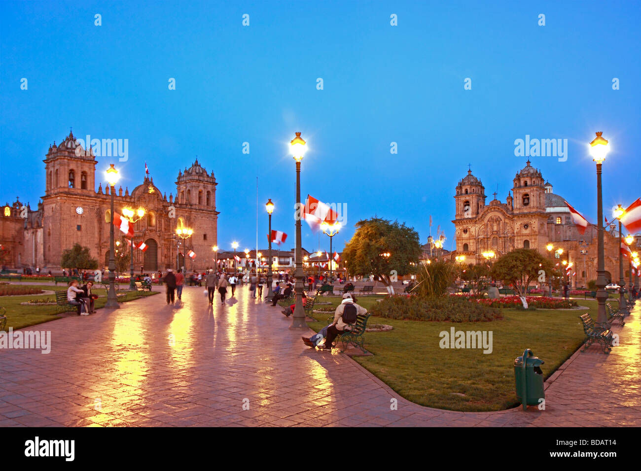beleuchtete Plaza de Armas, Cuzco, Peru, Südamerika Stockfoto