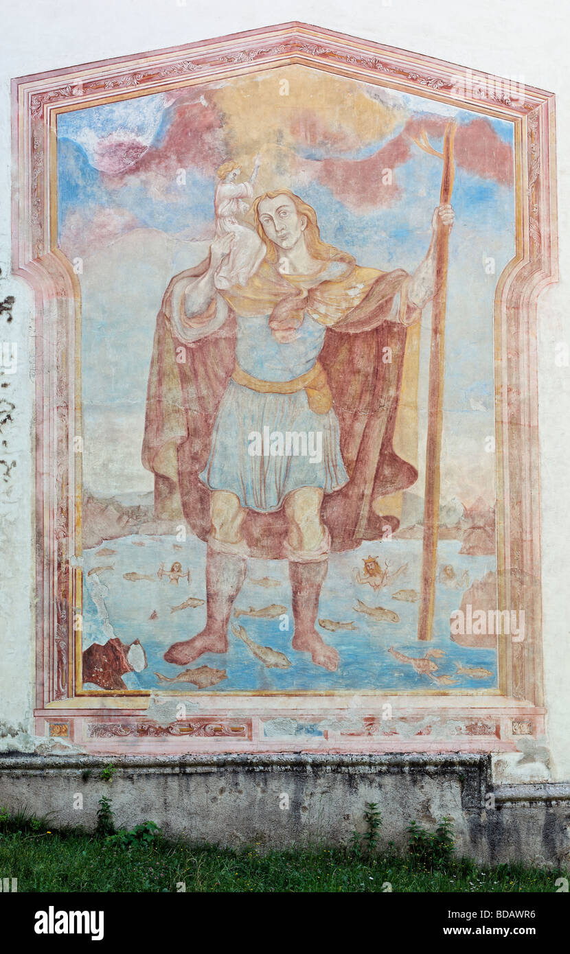 Fresko des St Christopher in der Kirche der Mariä Verkündigung, Crngrob, in der Nähe von Skofja Loka, Gorenjska, Slowenien. Stockfoto