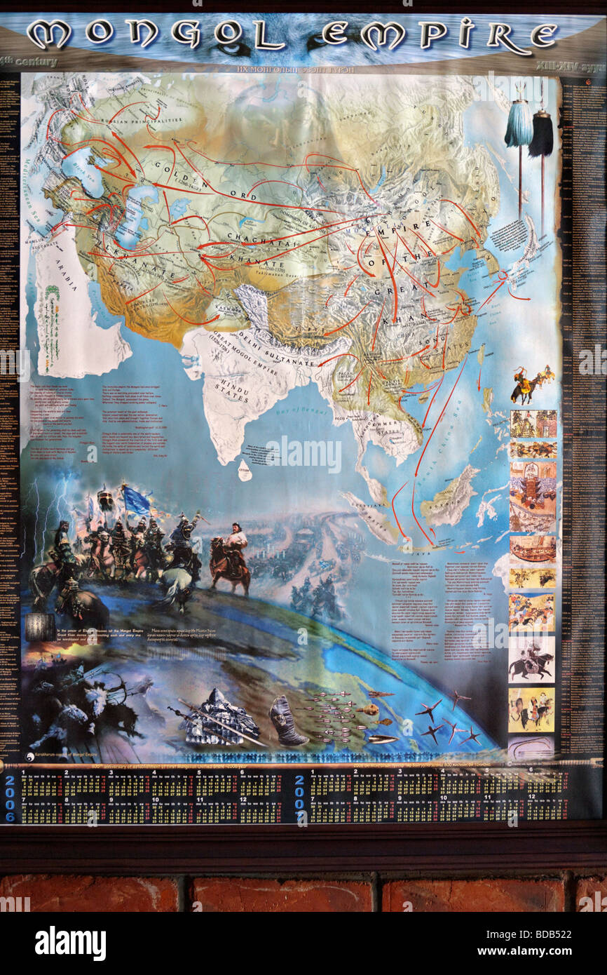 Mongolen sind weiterhin stolz auf ihr Erbe wie auf diesem Poster an Restaurant Wand dargestellt, Ulaan Baatar, Mongolei Stockfoto