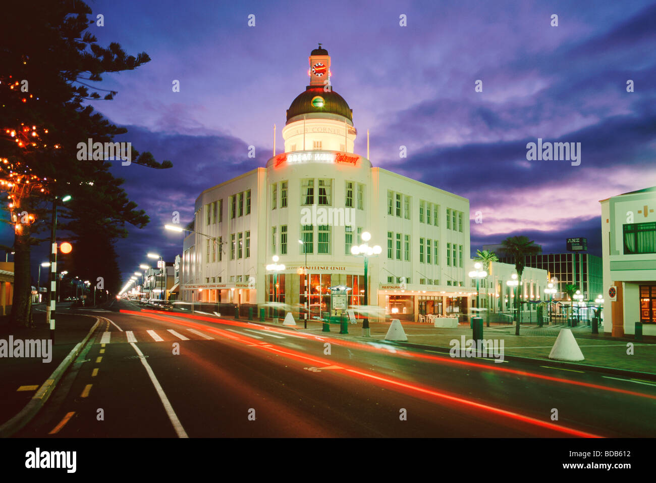 Neuseeland Südinsel Napier Jugendstil-Architektur in der Dämmerung Stockfoto