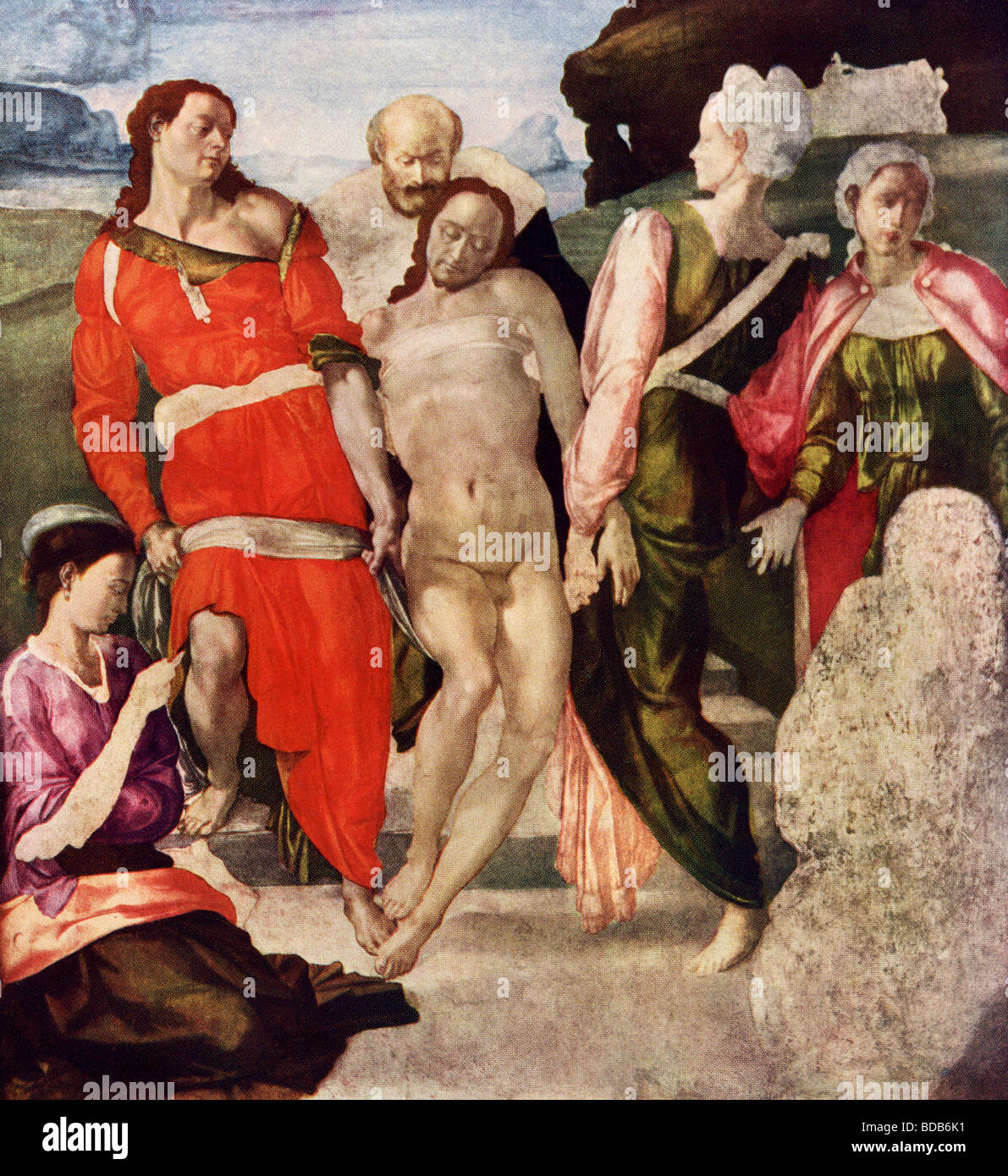 Dieses Gemälde mit dem Titel "Die Grablegung" von Michelangelo ist und wird gedacht, um herum geschehen 1501-02. Stockfoto