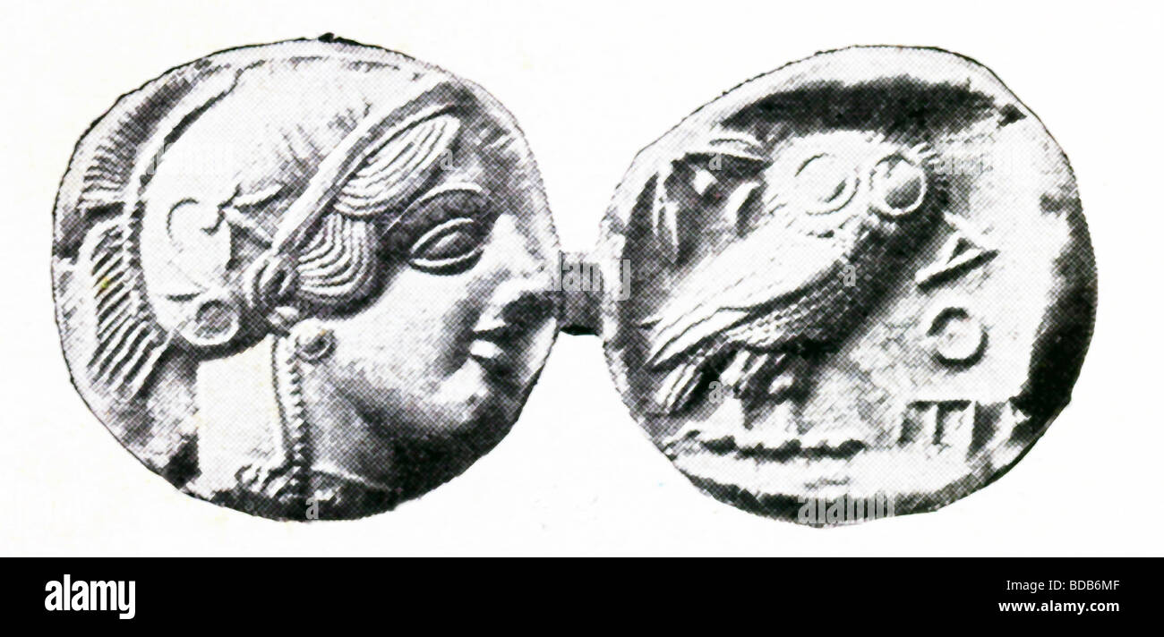 Diese Abbildung zeigt die beiden Seiten der fünften Jahrhundert b.c. alte athenische Münze genannt die Tetradrachma. Stockfoto
