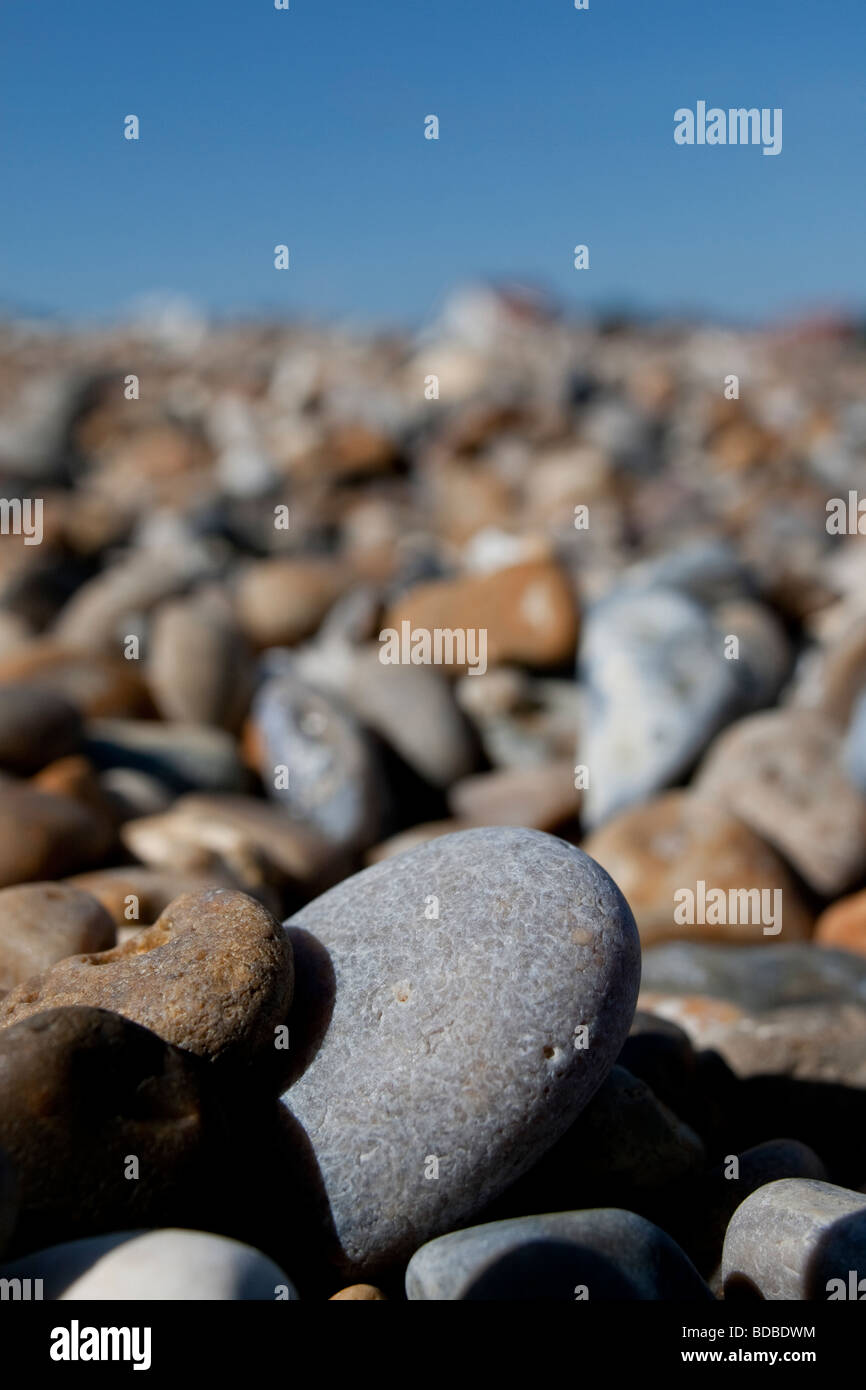 Steinen auf dem Kiesstrand in Aldeburgh, an der Nordostküste Englands. Stockfoto