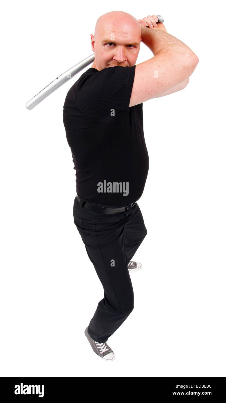 Leitung Glatzkopf mit Baseballschläger in seinen Händen schaut wütend in die Kamera Stockfoto