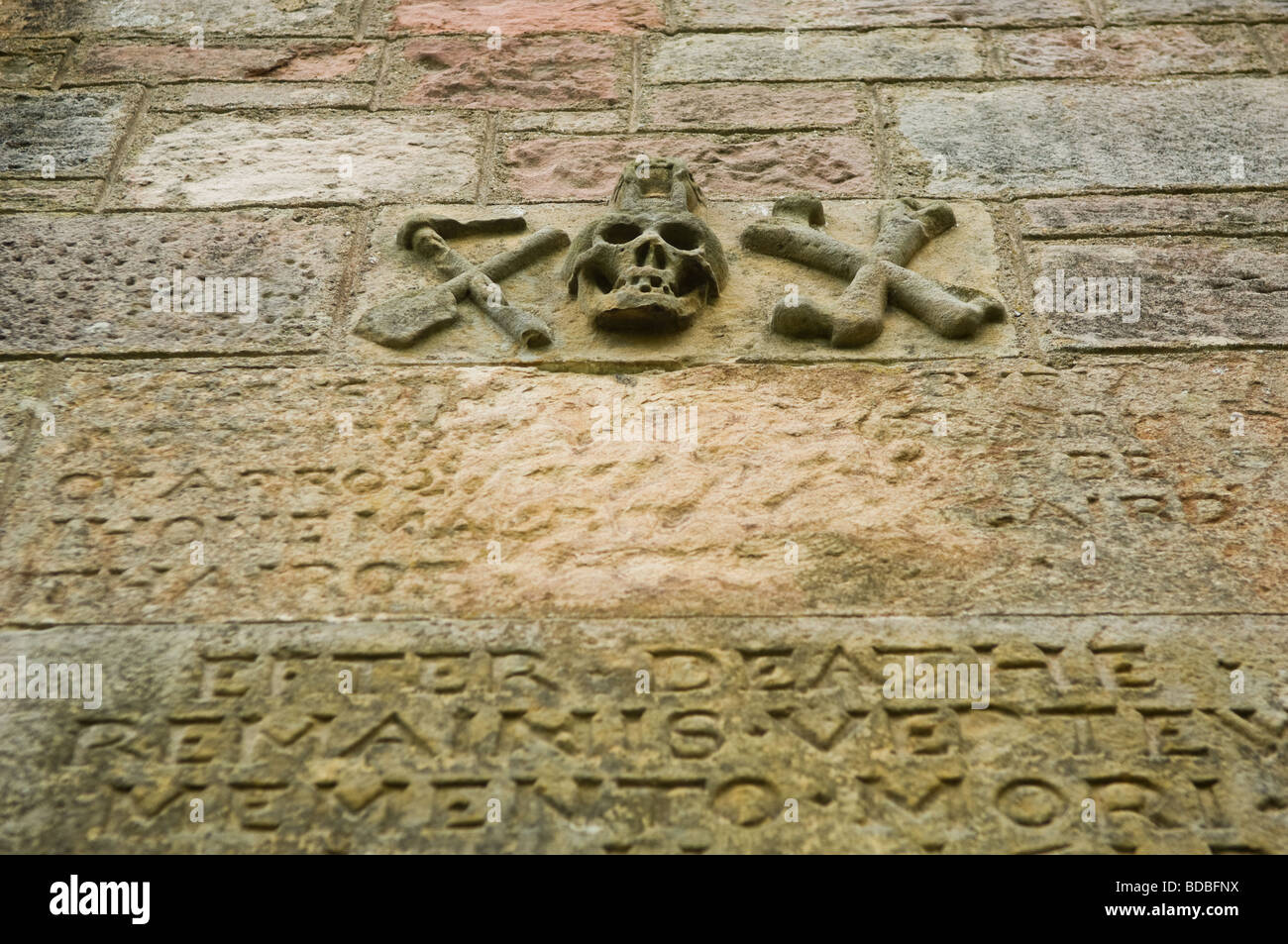 Geschnitzten Schädel und gekreuzten Knochen an der Außenwand der Kirche Luss Stockfoto