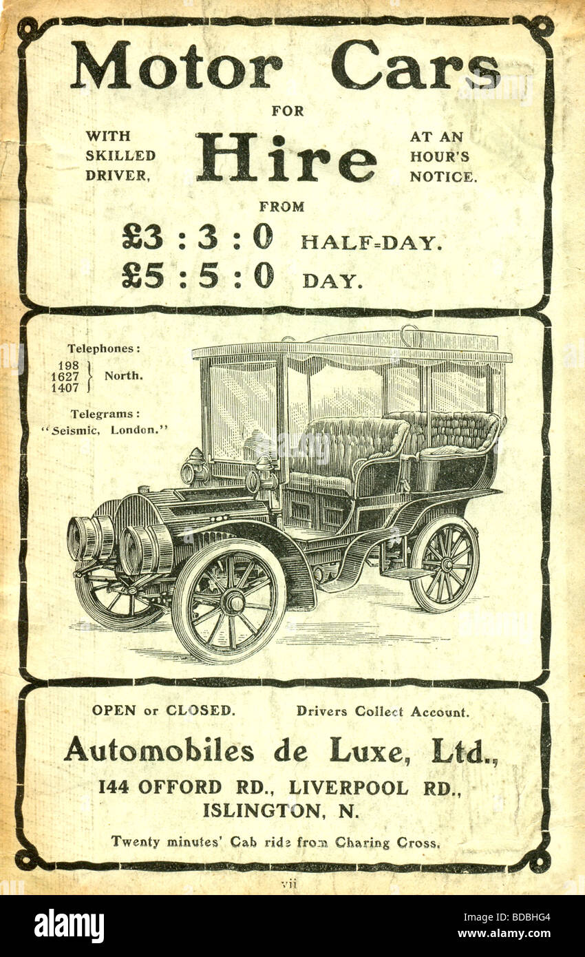 Werbung für Mietwagen von Automobile de Luxe Ltd., London, Stockfoto