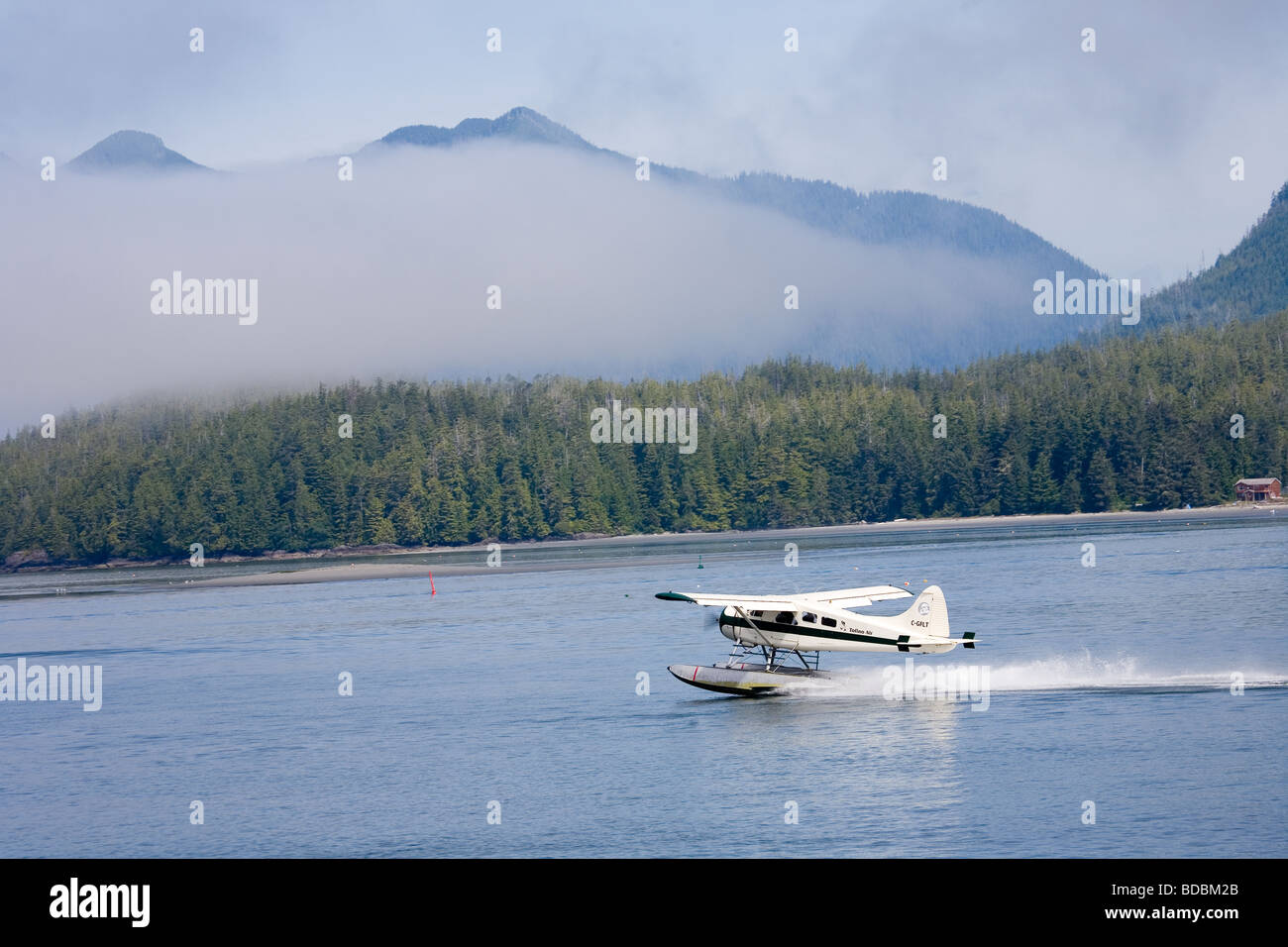 Ein Wasserflugzeug zieht in Tofino auf Vancouver Island, British Columbia Stockfoto