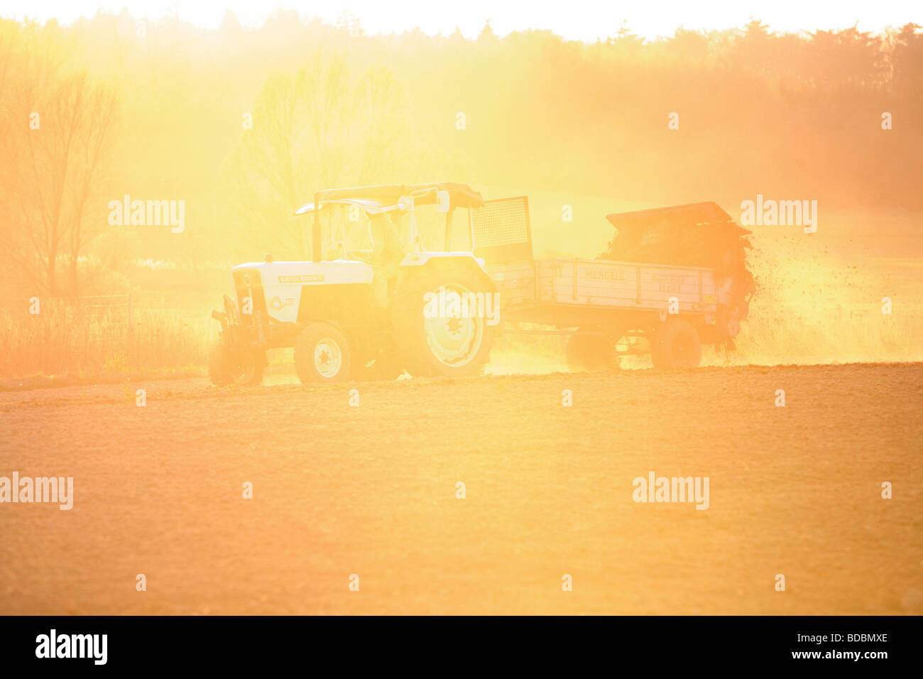 Streudienste arbeiten auf einem Feld, Prangendorf, Deutschland Stockfoto