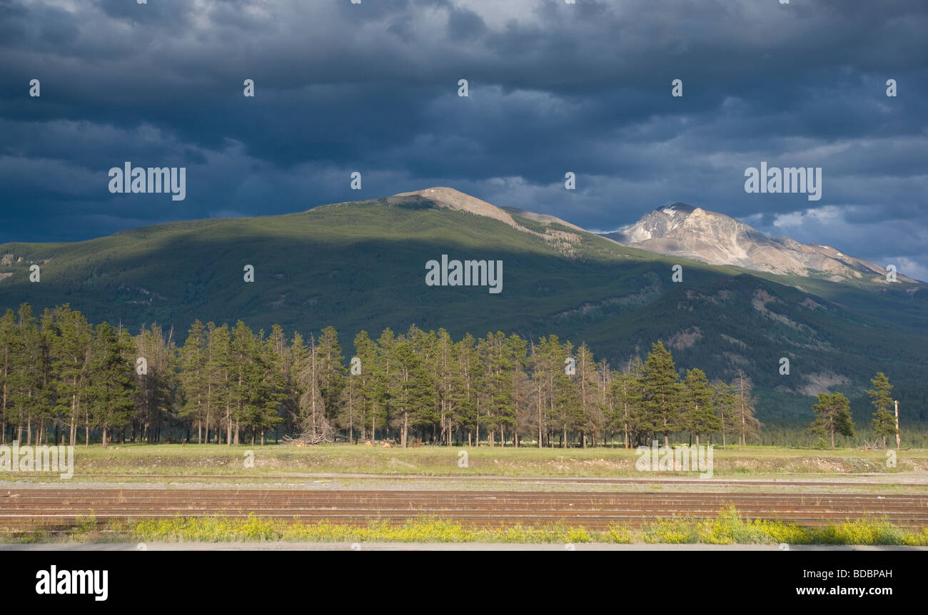 Berggipfel mit drohenden Gewitterwolken durch Sonnenlicht beleuchtet Stockfoto