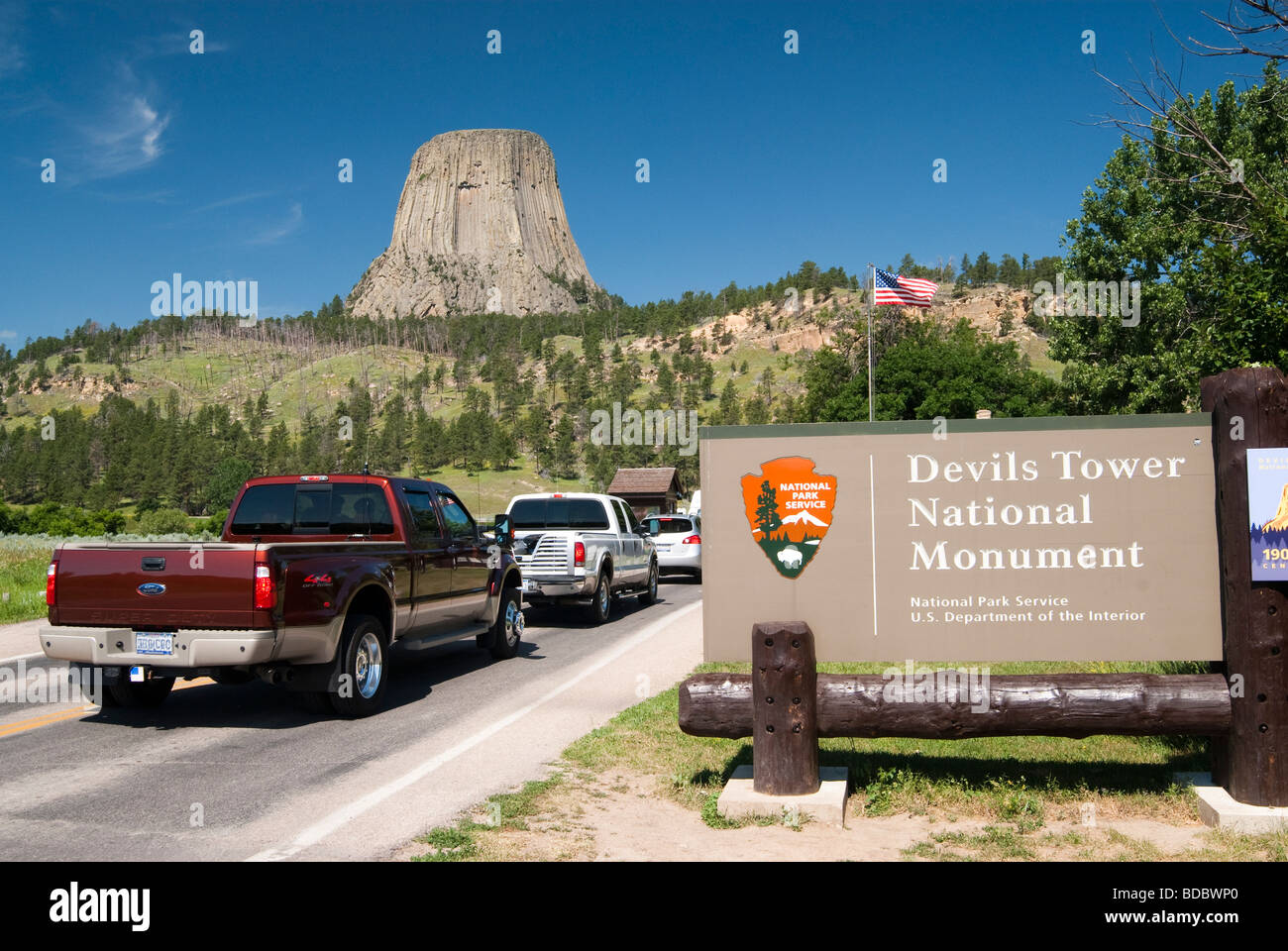 Besucher, die Devils Tower National Monument in Wyoming Stockfoto