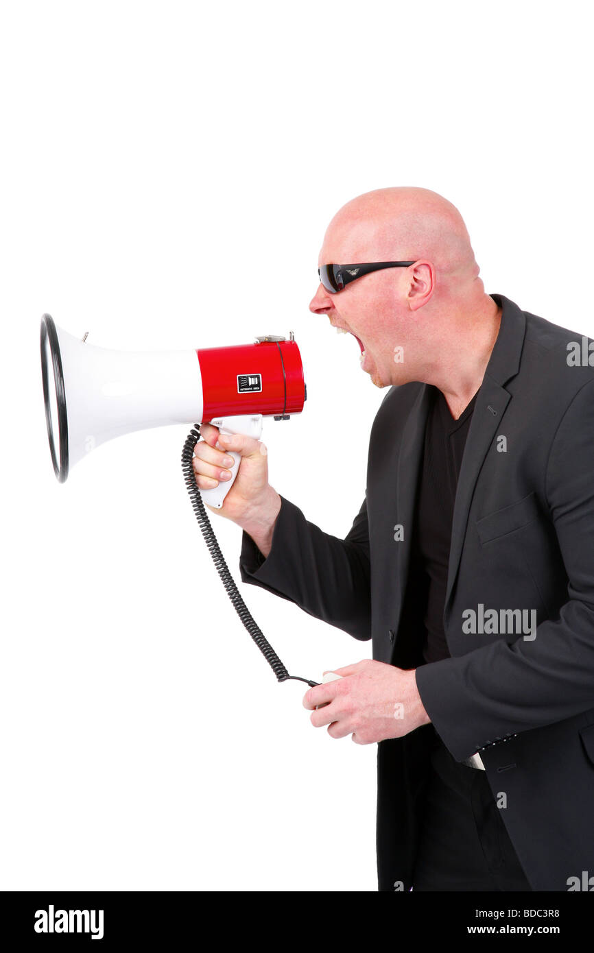 Leitung Glatzkopf schreien in ein Megaphon Stockfoto