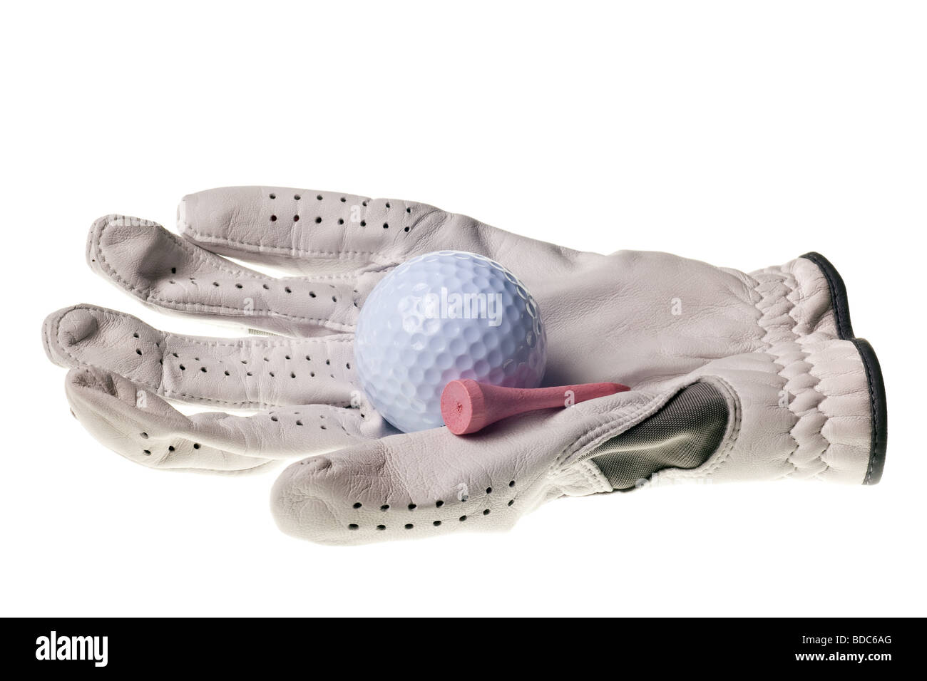 Golfball und Handschuh auf einen rein weißen Hintergrund isoliert Stockfoto