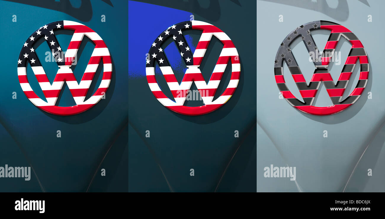 Triptychon von VW Abzeichen auf Microbus mit Sternen und Streifen bemalt Stockfoto