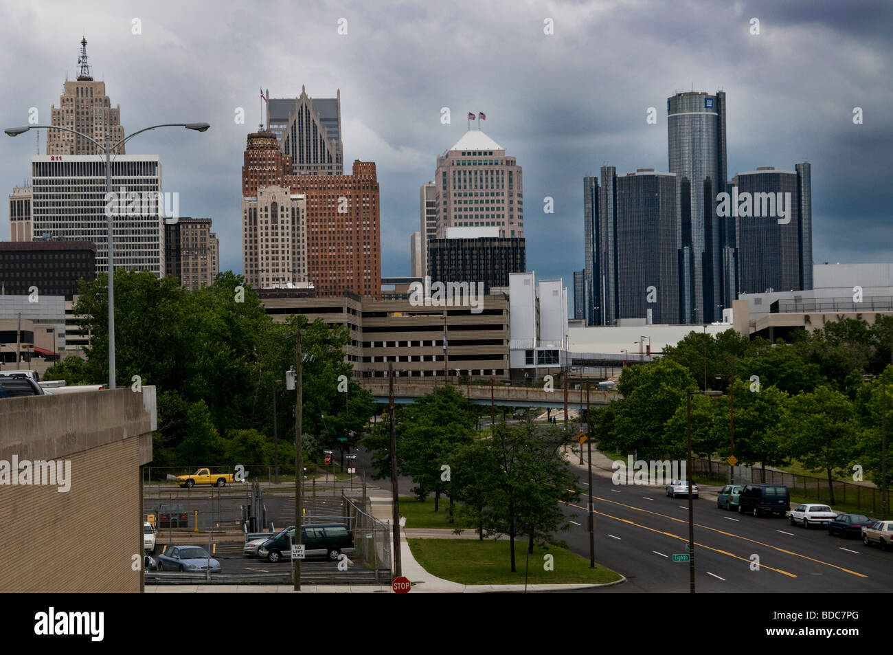 Überblick über Detroit, MI, Innenstadt mit GM Renaissance Center Stockfoto