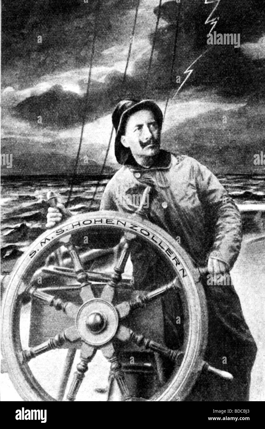 William II., 27.1.1859 - 4.6.1941, deutscher Kaiser 15.6.1888-9.11.1918, Karikatur, am Ruder der der HSM 'HTNARNEN', um 1890, Stockfoto