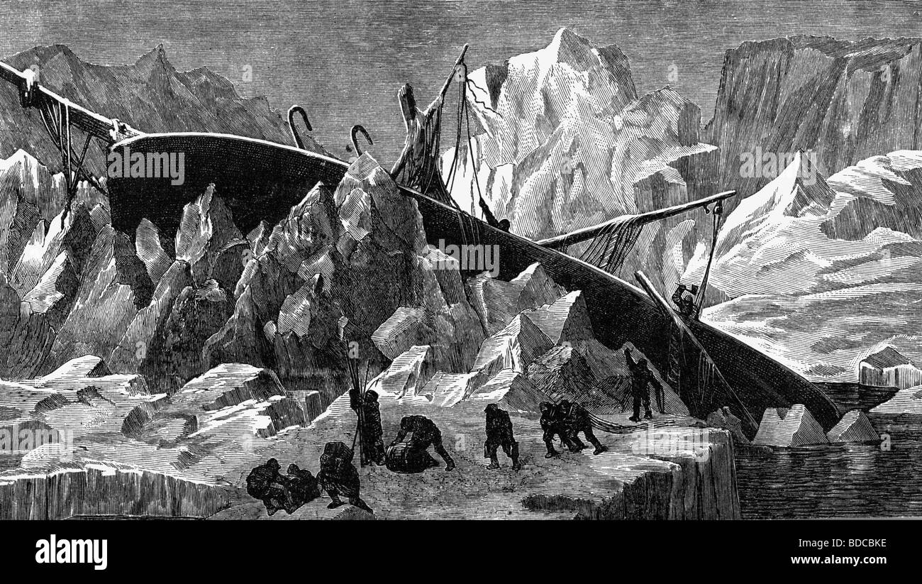 Koldewey, Karl, 16.10.1837 - 18.5.1908, deutscher Arktisforscher, Szene, das sinkende Wrack der "Hansa", Eisberge, 19.10.1869, lithograph, Stockfoto