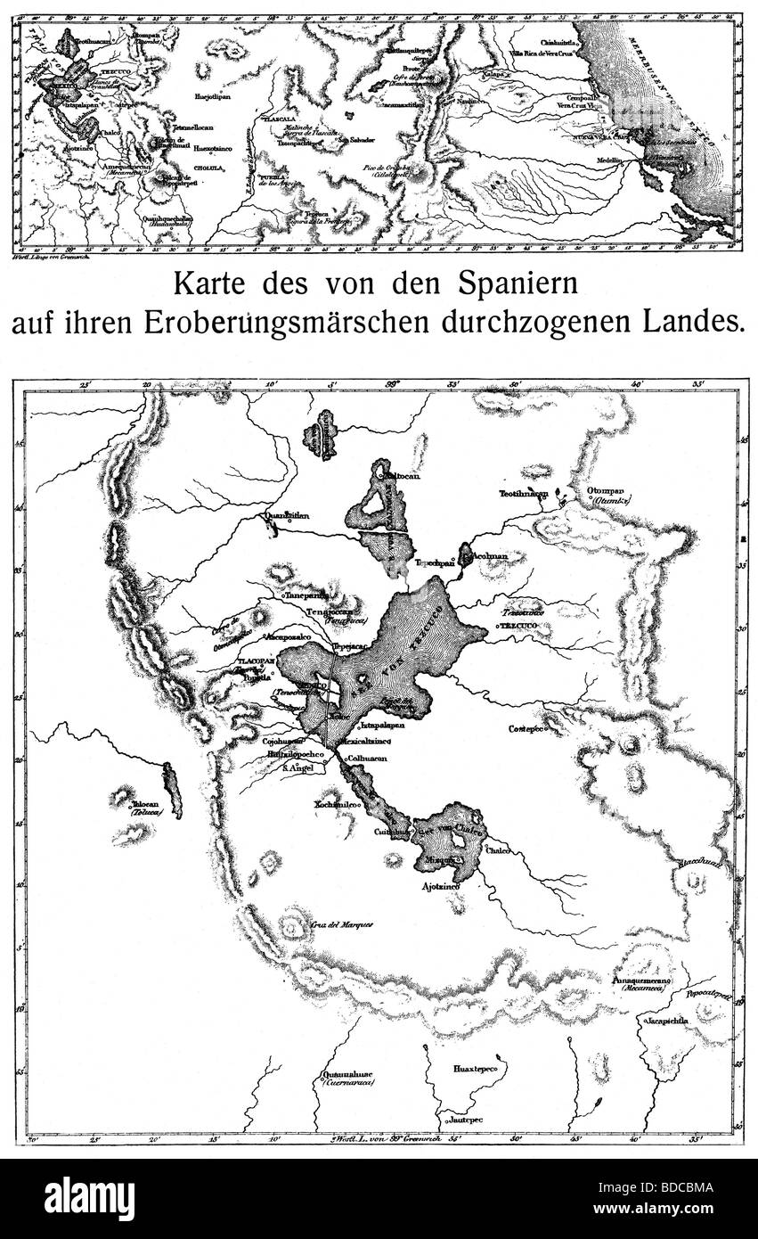 Kartografie, Karten, Mexiko, Karte des Anahuac-Tals in der Konquistador-Zeit 1519 - 1521, Stockfoto